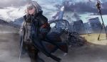  gray_hair motorcycle original red_eyes ruins short_hair yu_ni_t 