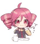  1girl ahoge baguette black_shirt black_sleeves blush bread commentary cup detached_sleeves drill_hair eating food holding holding_food kasane_teto kikuchi_mataha lowres plate red_eyes red_hair shirt short_hair sleeveless sleeveless_shirt smile solo teacup twin_drills upper_body utau 