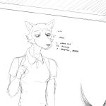  1:1 2020 5_fingers anthro beastars canid canine canis clothed clothing dialogue english_text fingers hi_res hladilnik legoshi_(beastars) male mammal monochrome polo_shirt shirt sketch text topwear wolf 