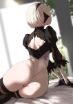  ass back back_cutout black_blindfold black_dress black_hairband blindfold covered_eyes dress feather-trimmed_sleeves feather_trim gloves hairband highleg highleg_leotard juliet_sleeves leotard long_sleeves miyamoto_issa nier_(series) nier_automata puffy_sleeves short_hair sitting thighhighs_under_boots white_hair white_leotard yorha_no._2_type_b 
