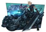  2girls 3boys aerith_gainsborough arm_cannon barret_wallace black_hair blonde_hair brown_hair buster_sword cloud_strife final_fantasy final_fantasy_vii final_fantasy_vii_remake gatling_gun ground_vehicle highres itou_youichi looking_at_viewer materia motor_vehicle motorcycle multiple_boys multiple_girls red_hair red_xiii spiked_hair sunglasses sword tifa_lockhart weapon 