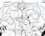  2018 absurd_res anthro big_muscles bottomwear clothing dragon fangs fierglief fist flexing front_view hi_res horn huge_muscles hyper hyper_muscles looking_at_viewer male muscular shorts solo veiny_muscles walking wings 