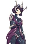  1girl blue_eyes bodysuit character_request hand_on_hip headgear highres holding looking_at_viewer power_suit purple_hair sanderson short_hair simple_background skin_tight solo warframe white_background 