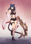  1girl abs animal_ears arknights bare_legs bare_shoulders black_shorts blue_hair boots bow_(weapon) breasts byleth_(fire_emblem) cat_ears cat_tail cleavage commission cosplay crop_top crossbow english_commentary ernest_tuvera fire_emblem fire_emblem:_three_houses full_body itou_shizuka jacket large_breasts midriff navel off_shoulder pouch scarf schwarz_(arknights) schwarz_(arknights)_(cosplay) seiyuu_connection short_shorts shorts sleeveless solo standing standing_on_one_leg stomach strap tail thigh_strap thighs twitter_username weapon white_jacket 