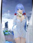  1girl bangs bare_shoulders blue_eyes blue_flower blue_hair book bow breasts building cloud cloudy_sky collared_shirt covered_mouth curtains dress_shirt eyebrows_behind_hair flower hair_bow highres indoors long_hair long_sleeves looking_at_viewer low_twintails medium_breasts naked_shirt off_shoulder open_book original rain red_bow shirt signature sky skyscraper sleeves_past_wrists solo translation_request transparent twintails very_long_hair white_shirt yamano_(yamanoh) 
