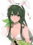  1girl arm_behind_back bangs breasts bunnysuit choker cleavage collarbone commentary_request dress eyelashes fire_emblem fire_emblem:_mystery_of_the_emblem fire_emblem:_shadow_dragon fire_emblem_heroes flower green_choker green_dress green_eyes hair_flower hair_ornament highres long_hair medium_breasts palla_(fire_emblem) see-through_sleeves sidelocks simple_background solo strapless upper_body w_(1999_kyu) white_background 