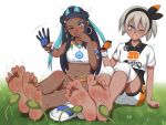  2girls anger_vein aqua_hair armlet barefoot belly_chain black_hair black_hairband blue_eyes blush bodysuit bodysuit_under_clothes commentary dark_skin earrings english_commentary feet gloves grass greek_toe grey_hair gym_leader hair_between_eyes hair_bun hairband hoop_earrings jewelry long_hair lululewd makeup multicolored_hair multiple_girls navel necklace one_eye_closed pokemon pokemon_(game) pokemon_swsh rurina_(pokemon) saitou_(pokemon) shirt short_hair short_sleeves shorts silver_eyes single_glove sitting soles swimsuit tankini tearing_up tickling toes trembling two-tone_hair wristband 