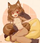  1girl :d animal_ears brown_hair fang fox fox_ears fox_tail furry hair_ornament highres looking_at_viewer nude open_mouth orange_eyes original simple_background sitting smile solo sudumenooyado tail w 