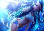  1girl :d belly_chain bikini bikini_shorts blue_eyes blue_hair blue_nails dark_skin earrings floating_hair hair_ornament hairclip jewelry long_hair looking_at_viewer multicolored_hair nail_polish navel open_mouth pokemon pokemon_(game) pokemon_swsh print_bikini rurina_(pokemon) shorts smile solo sports_bikini swimsuit tsukigime_(fool_ehle) two-tone_hair underwater very_long_hair 