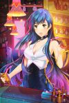  1girl :d alcohol bartender black_choker blue_eyes blue_hair breasts choker cleavage counter cup highres holding holding_cup hsk_09 indoors lamp long_hair medium_breasts open_mouth smile solo standing very_long_hair 