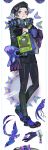  1boy abstract bird black_hair black_pants full_body hat high_collar highres jacket nishihara_isao original pants purple_eyes see-through shiny shiny_clothes short_hair solo standing 