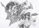  1girl eldritch_abomination extra_eyes eyeball grey_background greyscale hatching_(texture) hood hood_up long_hair monochrome open_mouth original shaded_face shibafu_no_atama simple_background sketch solo teeth torn_clothes upper_teeth 