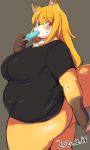  2020 5_fingers akitaka anthro big_breasts big_butt blonde_hair blush bodily_fluids bottomless breasts butt canid canine clothed clothing curvy_figure eating female fingers food fox fur grey_background hair hi_res huge_breasts huge_butt kemono long_hair looking_at_viewer mammal multicolored_body multicolored_fur overweight overweight_female popsicle simple_background solo sweat thick_thighs voluptuous yellow_body yellow_eyes yellow_fur 
