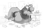  2018 animal_math anthro belly belly_overhang big_belly big_moobs bottomwear clothing drinking furniture hyper hyper_belly lutrine male mammal monochrome moobs morbidly_obese morbidly_obese_male mustelid obese obese_male overweight overweight_male simple_background solo substance_intoxication table thick_tail thick_thighs topwear torn_bottomwear torn_clothing torn_topwear weight_gain 