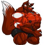  1:1 2019 5_fingers anthro big_muscles boxers_(clothing) bulge canid canine canis clothing earpiece eyewear fangs fierglief fierglief_(character) fingers glasses hi_res huge_muscles looking_at_viewer male mammal muscular nipples simple_background smile solo underwear white_background wolf yellow_eyes 