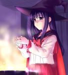  1girl bangs cape cat eyebrows_visible_through_hair hat kurusugawa_serika long_hair long_sleeves oekaki purple_hair school_uniform serafuku solo to_heart witch_hat zen 