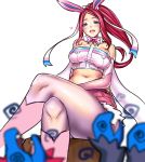  1girl blue_eyes blush breasts cosplay crossed_legs gen_5_pokemon gen_6_pokemon hydreigon legwear_under_shorts midriff navel open_mouth pantyhose pink_hair pokemon ponytail premier_(pokemon) shorts solo_focus sylveon sylveon_(cosplay) 