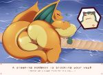  absurd_res ambiguous_gender anthro big_breasts big_butt breasts butt chari-gal charizard cross-popping_vein duo english_text eyes_closed female genitals gin-blade hi_res macro nintendo pok&eacute;mon pok&eacute;mon_(species) pussy sleeping snorlax sound_effects text vein video_games water zzz 