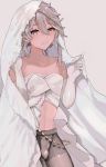  1boy bridal_veil bulge commentary_request corrin_(fire_emblem) corrin_(fire_emblem)_(male) cowboy_shot crossdressing dress elbow_gloves eyebrows_visible_through_hair eyelashes fire_emblem fire_emblem_fates gloves grey_background hair_between_eyes hands_up highres looking_at_viewer medium_hair pantyhose parted_lips pink_eyes sidelocks silver_hair simple_background smile solo strapless strapless_dress veil w_(1999_kyu) 