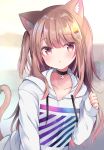  1girl :o animal_ear_fluff animal_ears apple_hair_ornament apple_inc. bangs black_choker blurry blurry_background blush brown_eyes brown_hair cat_ears cat_girl cat_tail choker collarbone commentary_request cross cross_choker depth_of_field drawstring eyebrows_visible_through_hair food_themed_hair_ornament hair_between_eyes hair_ornament hand_up highres hood hood_down hoodie long_hair long_sleeves looking_at_viewer masayo_(gin_no_ame) one_side_up original parted_lips side_ponytail sleeves_past_wrists starry_sky_print tail white_hoodie 