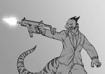  absurd_res andrei(character) anthro black_tie_(suit) clock clothing dragon formal furcaster hi_res horn kriss_vector long_tail mafia male monochrome ranged_weapon reptile scalie solo suit tongue tongue_out watch weapon 
