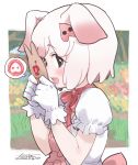  1girl animal_ears back_bow blush bow bowtie brown_eyes choker commentary_request eyebrows_visible_through_hair fanta_(the_banana_pistols) frilled_gloves frills gloves highres kemono_friends pig_(kemono_friends) pig_ears pig_girl pig_nose pink_bow pink_hair pink_neckwear puffy_short_sleeves puffy_sleeves shirt short_hair short_sleeves solo white_gloves white_hair white_shirt 