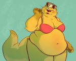  2018 animal_math anthro belly belly_overhang big_belly bikini blonde_hair blush chest_tuft clothing ear_piercing eyewear eyewear_on_head female hair love_handles lutrine mammal mustelid navel obese obese_female one_eye_closed overweight overweight_female piercing simple_background solo standing sunglasses sunglasses_on_head swimwear thick_tail thick_thighs tuft wide_hips wink yellow_body 