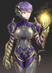  1girl ahoge bodysuit character_request commission english_commentary gold_trim headgear long_hair looking_at_hand magic parted_lips power_suit purple_hair signature skin_tight solo tsurime very_long_hair warframe yellow_eyes zxpfer 