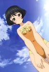  1girl absurdres artist_request black_hair blush breasts cameltoe closed_mouth cloud collarbone covered_navel feet_out_of_frame girls_und_panzer grey_eyes highres looking_at_viewer orange_swimsuit outdoors shiny shiny_hair shiny_skin short_hair sky small_breasts smile solo standing swimsuit swimwear utsugi_yuuki 