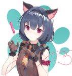  1girl absurdres animal_ears bangs bare_shoulders black_hair black_hairband black_shirt blush bow brown_bow brown_gloves brown_neckwear brown_vest cat_ears cat_teaser closed_mouth collared_shirt commentary_request eyebrows_visible_through_hair gloves hair_between_eyes hair_bow hairband heart highres holding idolmaster idolmaster_shiny_colors kemonomimi_mode looking_at_viewer low_twintails morino_rinze necktie ohihil polka_dot polka_dot_bow polka_dot_neckwear purple_eyes shirt short_twintails sleeveless sleeveless_shirt smile solo twintails upper_body vest white_background 
