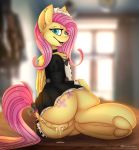  anus big_butt bodily_fluids butt chest_tuft clothed clothing equid equine female feral fluttershy_(mlp) friendship_is_magic genital_fluids genitals hi_res kianara maid_uniform mammal my_little_pony no_underwear open_mouth open_smile pegasus pussy pussy_juice smile solo tuft uniform wings 