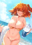  1girl :d bare_arms bikini blue_sky blush bottle breasts cleavage collarbone commentary_request cowboy_shot day dutch_angle fate/grand_order fate_(series) fujimaru_ritsuka_(female) halter_top halterneck highres holding holding_bottle horizon large_breasts looking_at_viewer lowleg lowleg_bikini ocean one_side_up open_mouth orange_bikini orange_eyes orange_hair outdoors outstretched_arm pov ruri_rarako short_hair sky smile solo striped striped_bikini swimsuit thigh_gap towel water water_bottle 