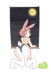  2020 anthro butt clothed clothing egg female full_moon fur green_eyes hair hi_res kemono kneeling lagomorph leporid looking_at_viewer looking_back mammal moon night nobox05 rabbit raised_tail red_hair simple_background sky snout solo star starry_sky white_background 