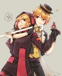  1boy 1girl anger_vein arm_around_neck black_dress black_headwear black_jacket black_pants commentary cowboy_shot dress eighth_note formal grey_background haine_koko holding holding_another&#039;s_arm holding_cane holding_scissors hooded_dress jacket kagamine_len kagamine_rin looking_at_another musical_note open_mouth pants patchwork_clothes project_diva_(series) restrained scissors scissors_(module) smile spoken_anger_vein standing suit sweatdrop trembling tricker_(module) v-shaped_eyebrows vest vocaloid yellow_vest 