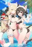  2girls animal_ears ass bare_shoulders bikini black_bikini black_hair blonde_hair blue_sky bow breasts cake cat_ears cat_girl cat_tail cleavage cloud commentary_request commission day food frilled_bikini frills holding holding_tray horizon kuang_(kzhw7588) large_breasts leg_garter maid_headdress medium_breasts multiple_girls ocean original outdoors parfait pink_bow red_eyes saucer side-tie_bikini sky slice_of_cake splashing standing swimsuit tail tail_bow tray wading water wrist_cuffs yellow_eyes 