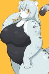  akitaka anthro big_breasts blush breasts clothed clothing curvy_figure felid female fingers fur grey_body grey_fur grey_hair hair hi_res huge_breasts kemono long_hair mammal multicolored_body multicolored_fur one-piece_swimsuit overweight overweight_female pantherine simple_background snow_leopard solo swimwear thick_thighs two_tone_body two_tone_fur voluptuous yellow_background yellow_eyes 