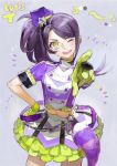  1girl ;d frilled_skirt frills gloves hand_on_hip hat head_tilt highres idol long_hair looking_at_viewer midriff navel nishihara_isao one_eye_closed open_mouth pointing pointing_at_viewer pretty_(series) pripara purple_hair side_ponytail skirt smile toudou_shion yellow_eyes yellow_gloves 