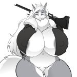  1:1 absurd_res anthro areola areola_slip big_breasts bikini_thong black_leather_jacket breasts canid canine canis cigarette clothing curvaceous curvy_figure female fur_collar_jacket gun hair hayakain hi_res huge_breasts hyper hyper_breasts jacket long_hair mammal neck_tuft nipple_outline ranged_weapon rifle smile smoke_(sexyblaziken) smoking sniper_rifle solo the_bombshells_(sexyblaziken) thong topwear tuft underwear voluptuous weapon wide_hips wolf 