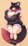  2019 anthro big_breasts black_hair boots bottomwear breasts choker cleavage clothed clothing cute_fangs cutoffs denim denim_bottomwear denim_clothing digital_media_(artwork) domestic_cat ear_piercing felid feline felis female footwear goth hair hair_over_eye hi_res huge_breasts jewelry long_hair looking_at_viewer mammal necklace nikki_(saucy) nipple_outline one_eye_obstructed piercing secretly_saucy shirt shoes shorts simple_background solo speech_bubble sweater tank_top thick_thighs topwear 