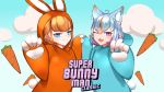  2girls ;d andou_inari animal_costume animal_ears bangs blue_background blue_eyes brown_hair bunny_costume bunny_ears carrot character_request choumi_wuti_(xueye_fanmang_zhong) closed_mouth cloud copyright_name english_text eyebrows_visible_through_hair fake_animal_ears fang gradient gradient_background hair_between_eyes hands_up multicolored_hair multiple_girls one_eye_closed open_mouth orange_hair purple_eyes silver_hair smile streaked_hair super_bunny_man virtual_youtuber virtuareal 