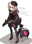  1girl amonitto assault_rifle beret black_headwear blue_eyes bullpup commentary_request desert_tech_mdr dinergate_(girls_frontline) english_text engrish_text girls_frontline gloves gun hat heterochromia jacket long_hair looking_at_viewer mdr_(girls_frontline) multicolored_hair one_side_up pantyhose ranguage red_eyes rifle silver_hair solo streaked_hair weapon 