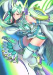  1girl bare_shoulders brown_eyes closed_fan collarbone fan feathered_wings feathers floating folding_fan gesogeso gloves glowing green_footwear green_gloves green_hair green_legwear green_theme headgear highres long_hair multiple_wings original solo surfing sword thighhighs weapon wings 