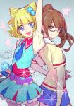  2girls :d arm_up blonde_hair blue_eyes brown_eyes brown_hair double_bun dual_persona glasses highres idol locked_arms long_hair looking_at_viewer minami_mirei multiple_girls nishihara_isao open_mouth ponytail pretty_(series) pripara semi-rimless_eyewear short_hair skirt smile sparkle under-rim_eyewear 