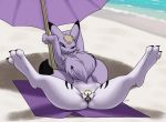  anthro beach beach_umbrella black_claws black_nipples black_sclera black_tail claws digimon digimon_(species) fan_character female fur fur_tuft furball genitals holding_object looking_at_viewer nipples nude on_towel pubes pussy renamon sand seaside smile spread_legs spread_pussy spreading towel tuft two_tone_tail 