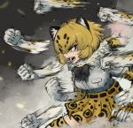  1girl adeshi_(adeshi0693119) afterimage animal_ears bangs black_bow black_ribbon blonde_hair bow bowtie center_frills clenched_hands commentary_request dust elbow_gloves fangs frilled_shirt frills fur_collar gloves hair_between_eyes highres jaguar_(kemono_friends) jaguar_ears kemono_friends looking_away open_mouth print_legwear print_skirt punching ribbon sharp_teeth shirt short_hair sidelocks skirt solo sweat teeth thighhighs tsurime v-shaped_eyebrows white_gloves yellow_legwear yellow_skirt 