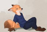  2020 anthro barefoot black_nose bottomwear canid canine clothed clothing dipstick_ears disney fox fully_clothed fur gloves_(marking) green_eyes hi_res male mammal markings multicolored_ears nick_wilde orange_body orange_fur pants piberius_w red_fox shirt simple_background solo t-shirt topwear zootopia 