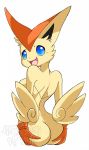  2017 anthro anthrofied big_ears black_nose blue_eyes blue_sclera breasts butt butt_wings clothing digital_media_(artwork) fangs female fur gloves hamsteroftime handwear hi_res legendary_pok&eacute;mon looking_at_viewer looking_back mammal nintendo nude open_mouth open_smile pok&eacute;mon pok&eacute;mon_(species) side_boob simple_background smile solo tongue victini video_games white_background wings 