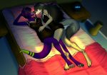  absurd_res anthro ava_rose7673 bed breasts canid canine canis clock clothed clothing cuddling duo felix_heartstone furniture genitals hi_res humanoid intersex intersex/male male mammal mustelid nightgown penis trickster_illustrations wolf 