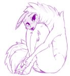  2020 aardwolf anneke_(weaver) anthro ciwi claws fur hyaenid looking_at_viewer mammal monochrome nude pack_street purple_and_white sitting solo toe_claws 