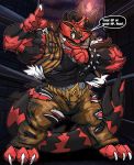  2019 3_toes 5_fingers anthro barefoot big_muscles bottomwear bracelet bulge clothing coat dialogue english_text fangs fierglief fingers gesture grin hi_res horn huge_muscles hybrid incineroar jewelry looking_at_viewer male multicolored_eyes muscular nintendo pants plantigrade pointing pointing_at_viewer pok&eacute;mon pok&eacute;mon_(species) shirt sleeveless_shirt smile solo speech_bubble spiked_bracelet spikes text toes topwear torn_clothing undershirt video_games 